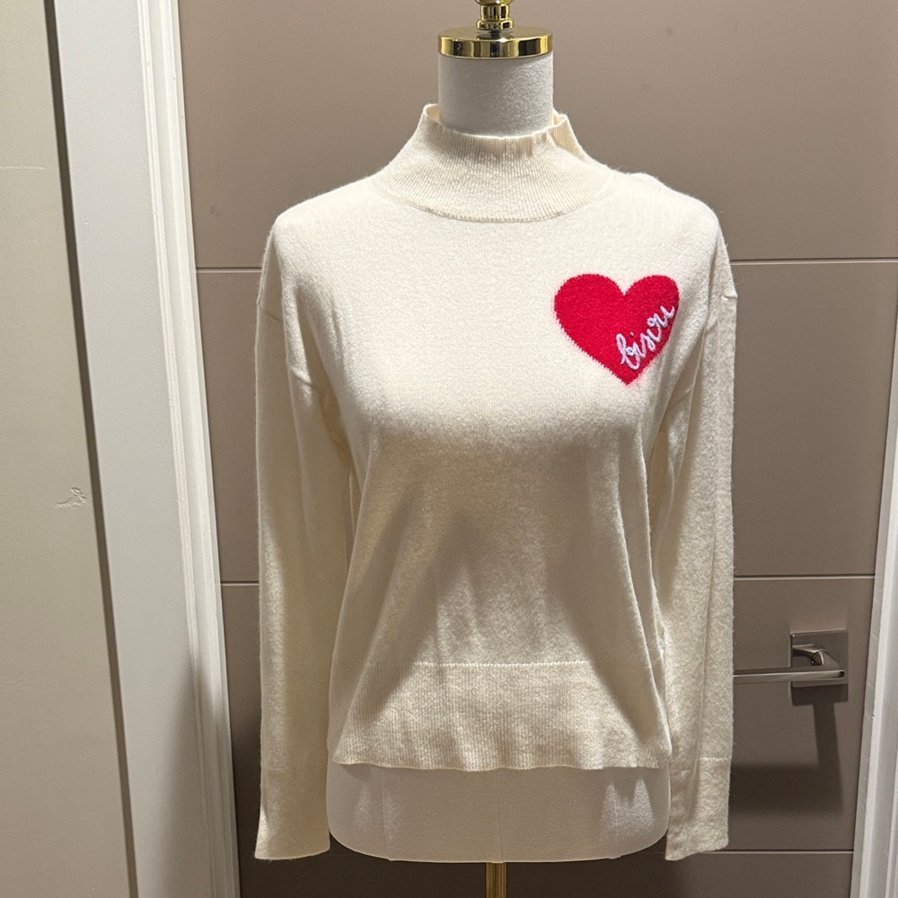 100% Cashmere Cream Sweater with Red Heart and Embroidered Bisou Detail